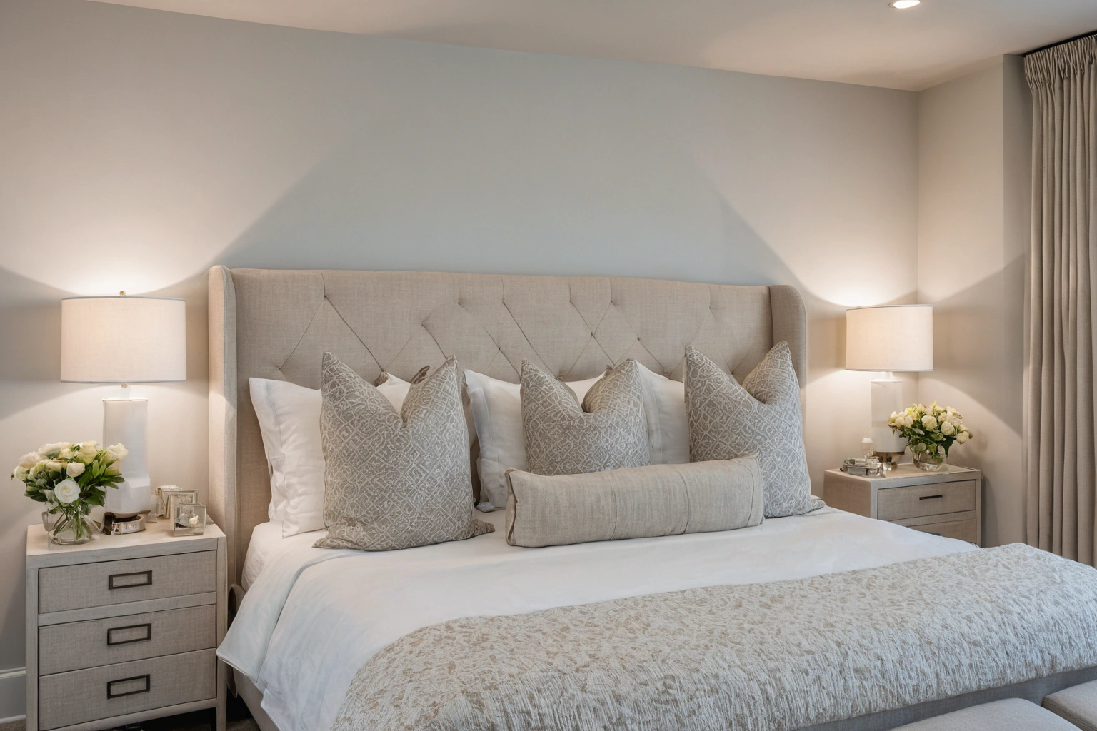 Staged bedroom with upholstered headboard and layered linen