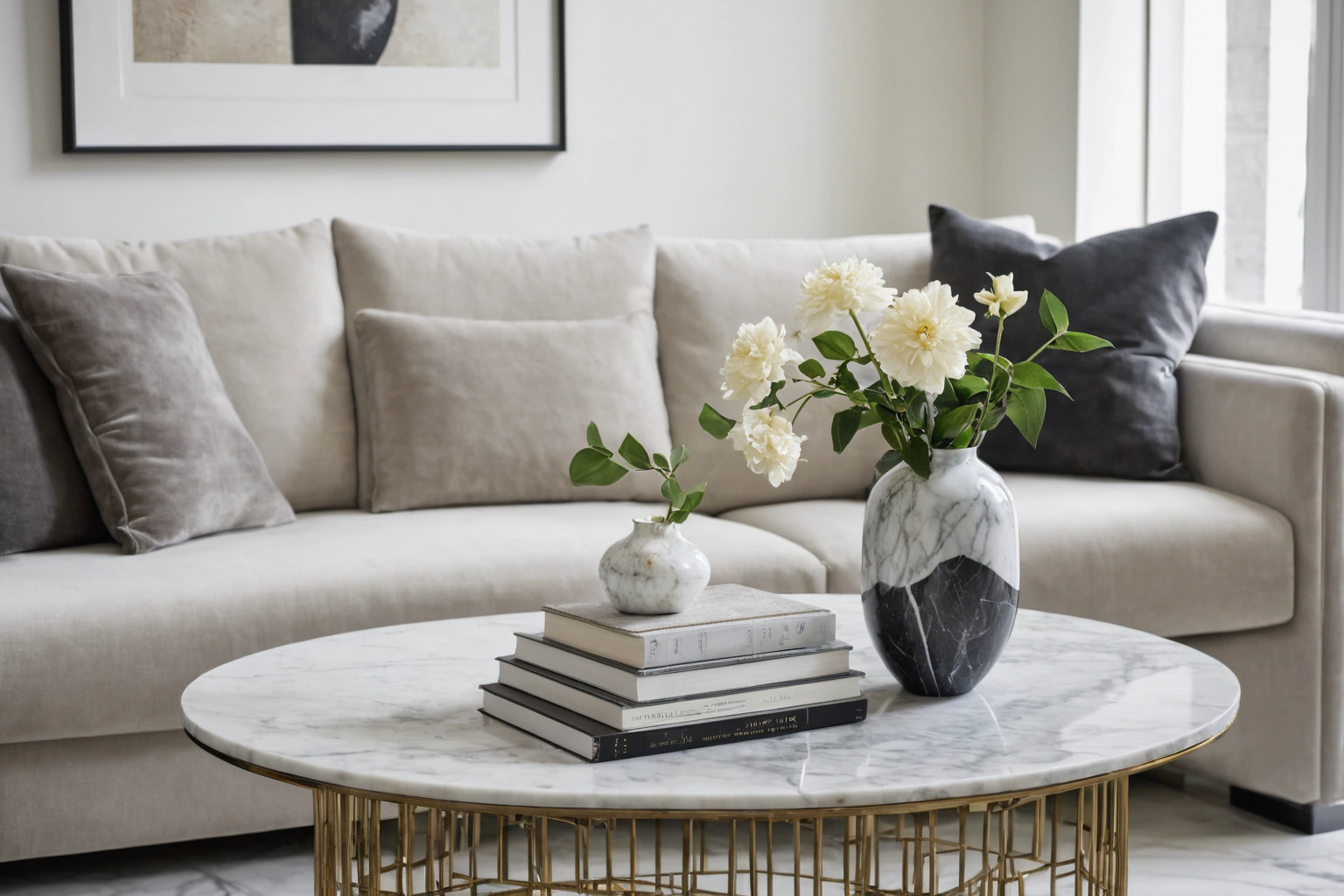 Stylist's arrangement of books and objects on a designer coffee table