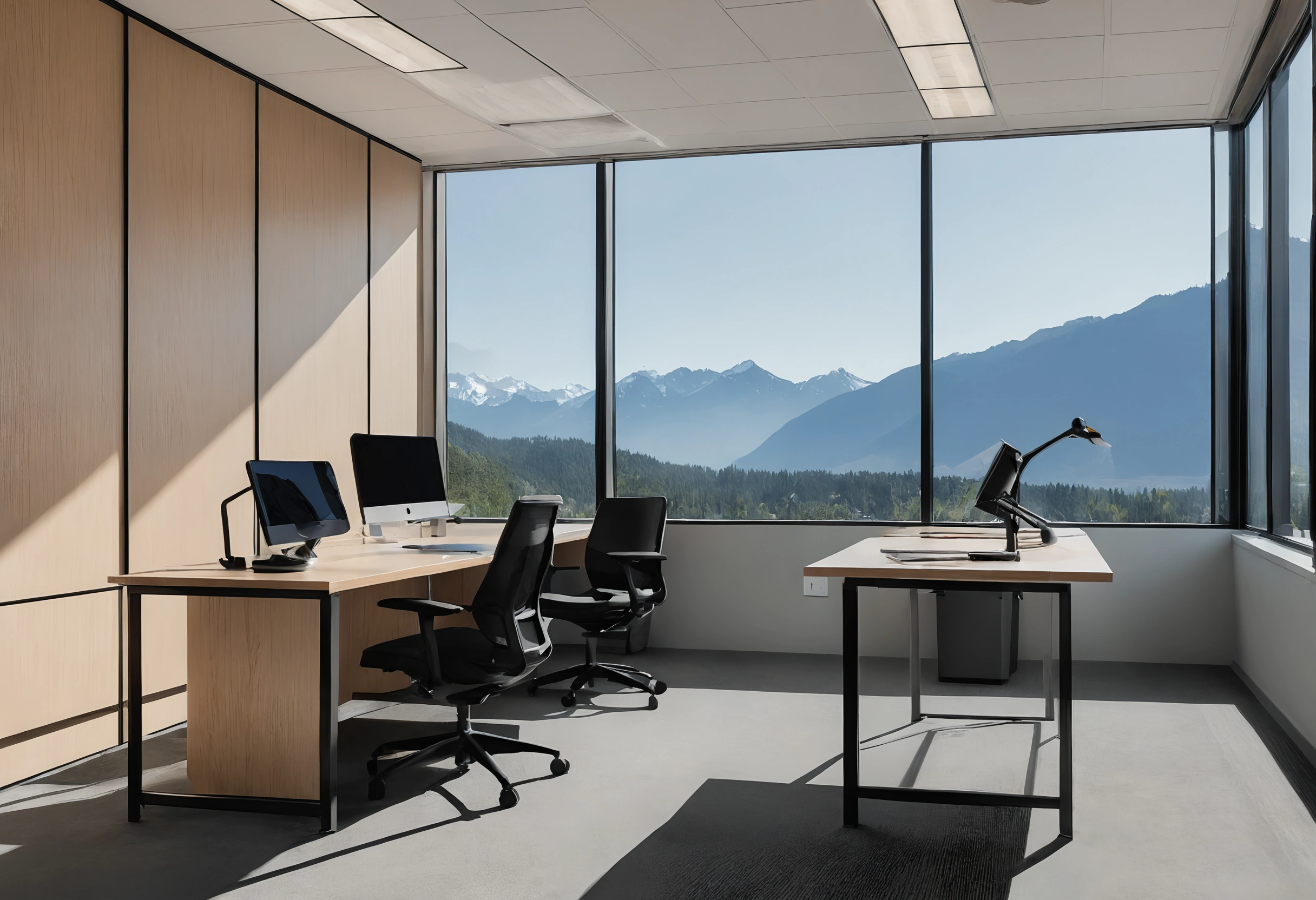 Vancouver office with two sit-stand desks, black task chairs, a plywood storage wall and a window onto mountains in clear light