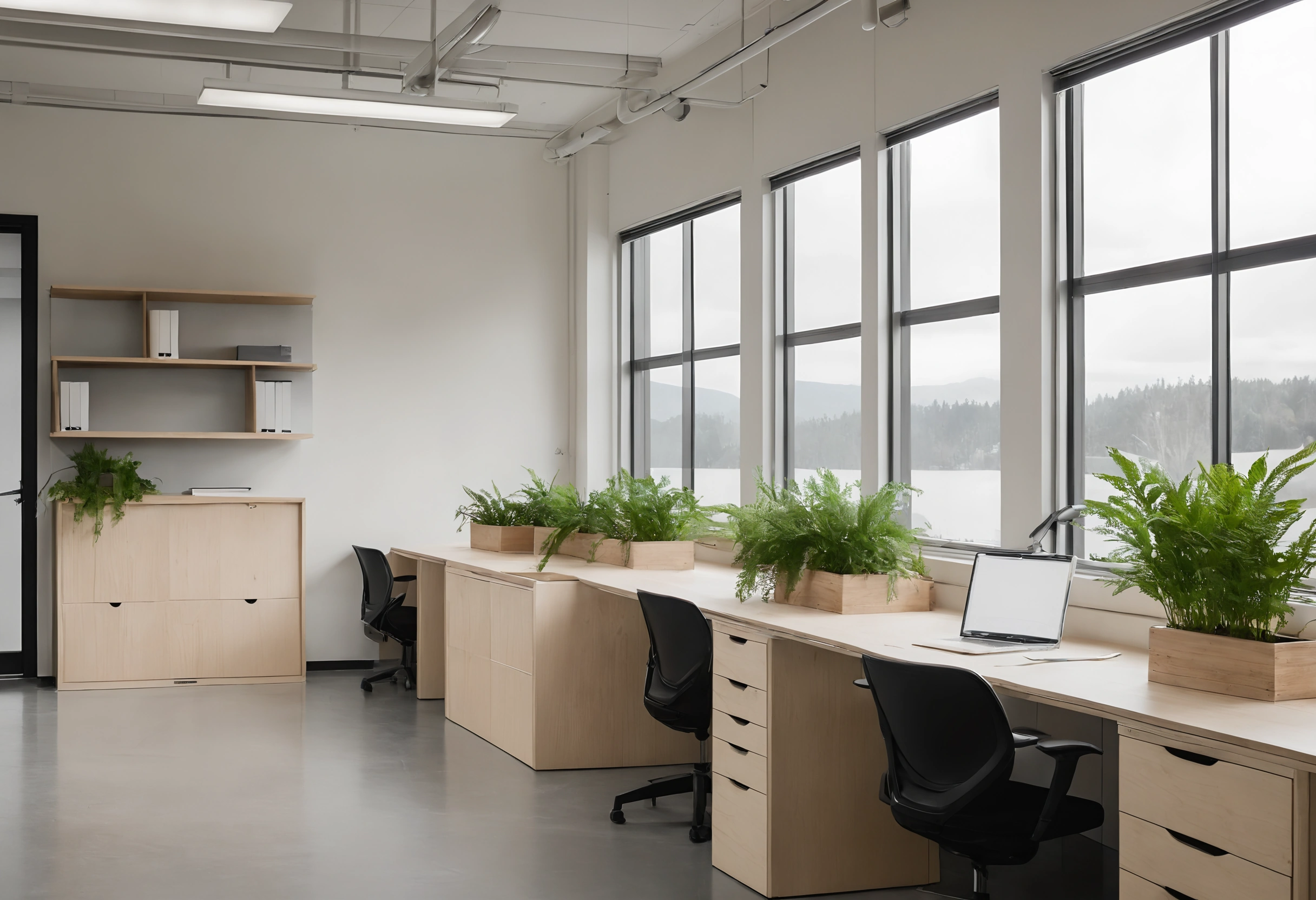 Plywood storage units and desks with potted ferns along a window wall in a bright Vancouver office with mountains beyond